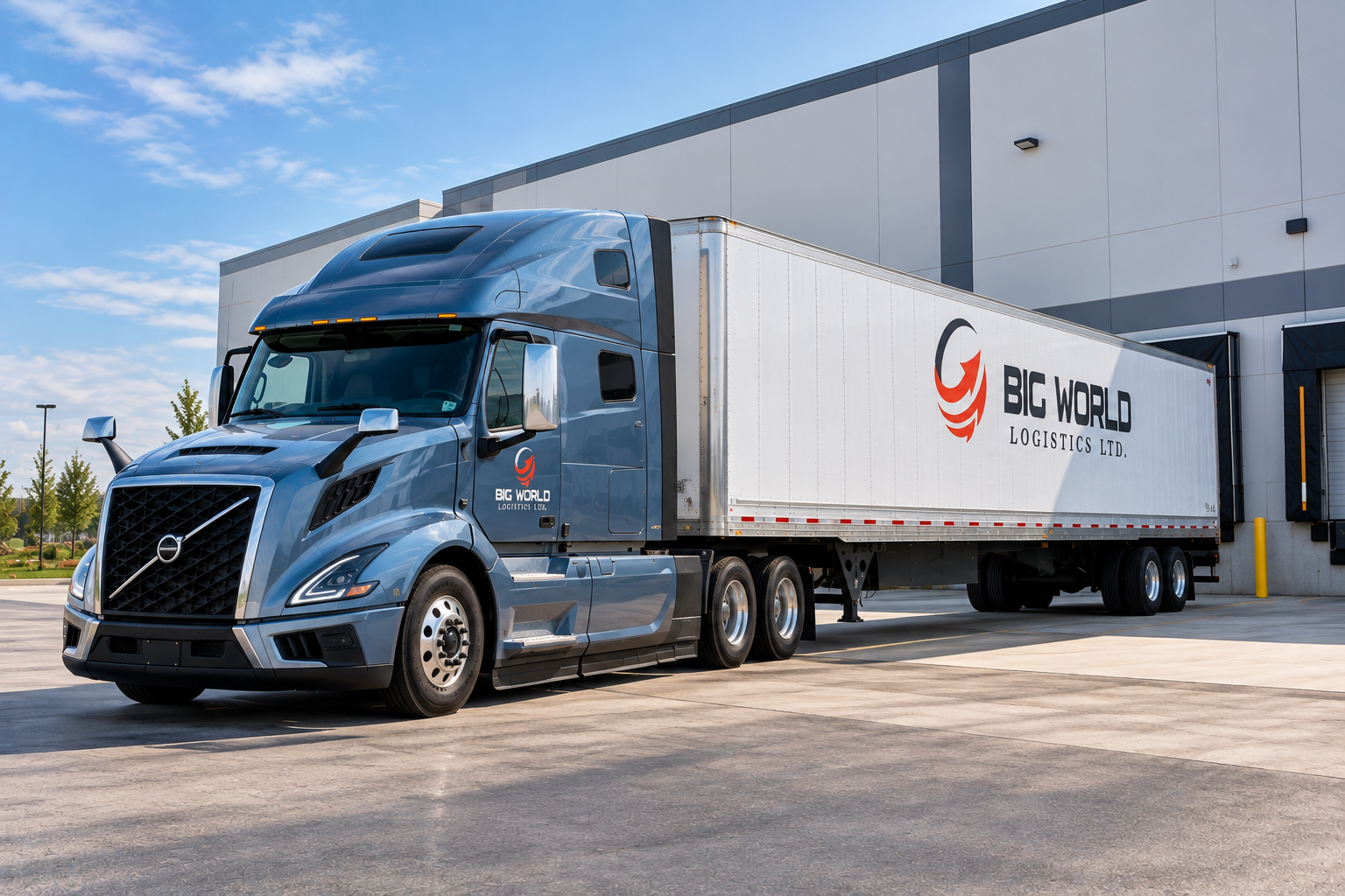 A lineup of Big World Logistics semi-trucks at a carrier yard