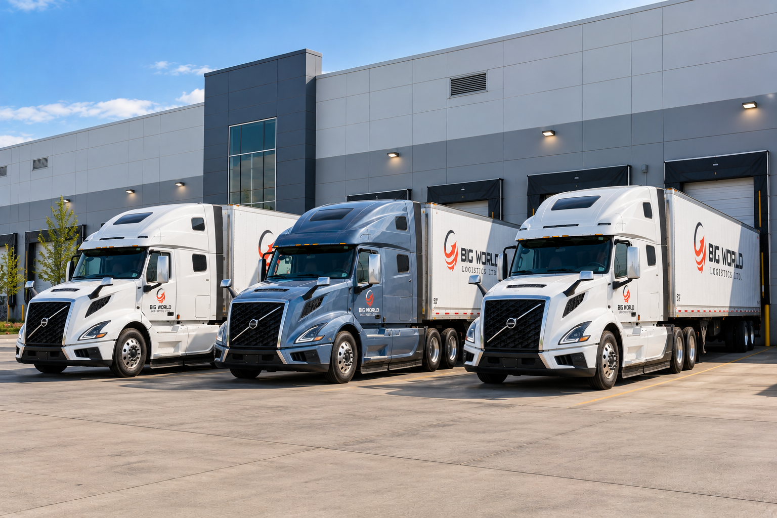 Multiple Big World Logistics trucks parked together