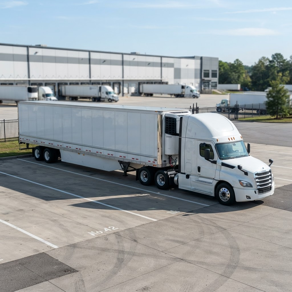 A dry-van tractor trailer staged in a distribution yard