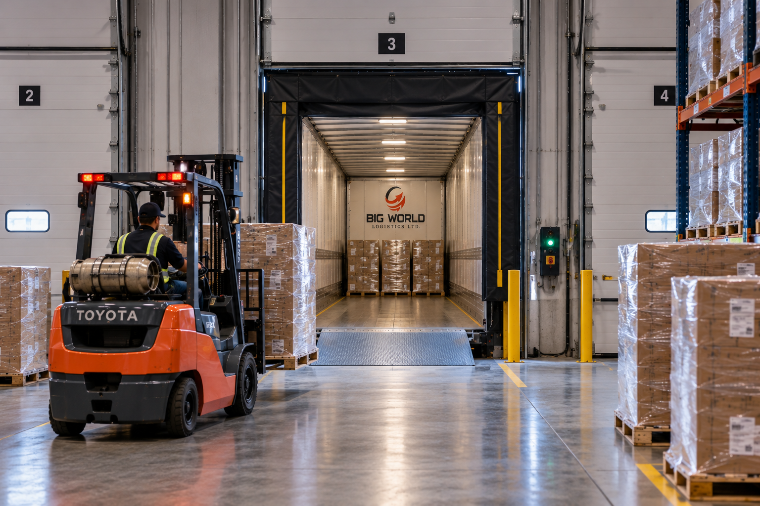 A warehouse cross-dock with pallets and a forklift loading freight