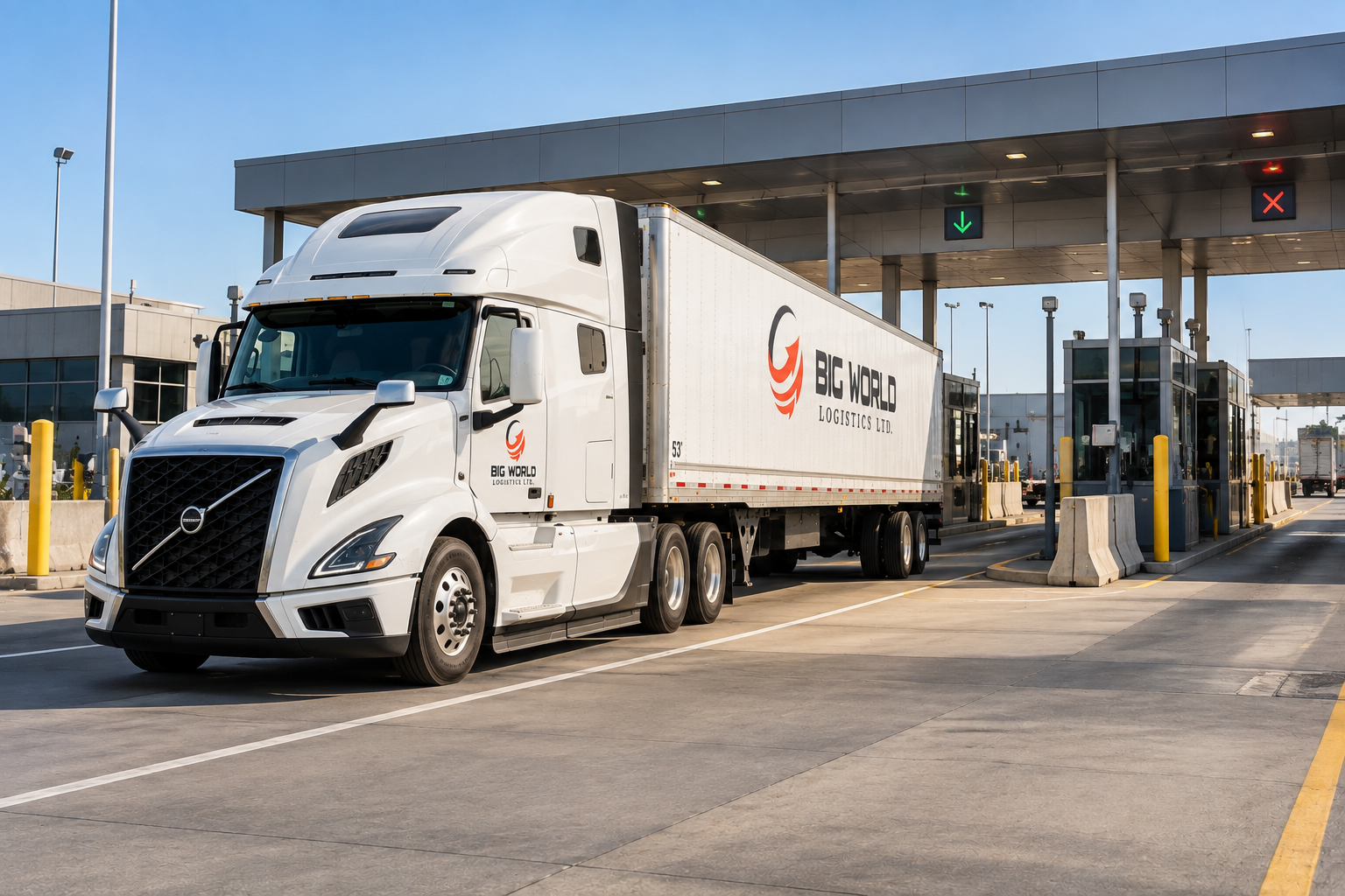 A white semi-truck at a commercial border crossing used for Canada–U.S. cross-border transportation