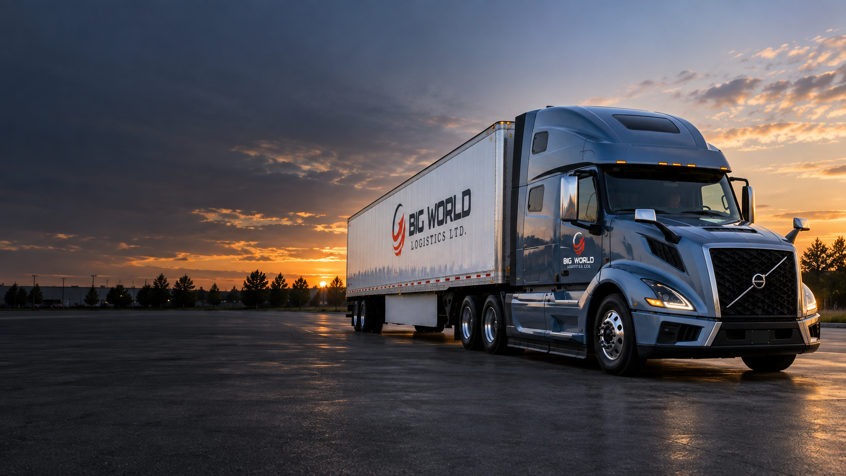 A Big World Logistics truck staged for an evening departure
