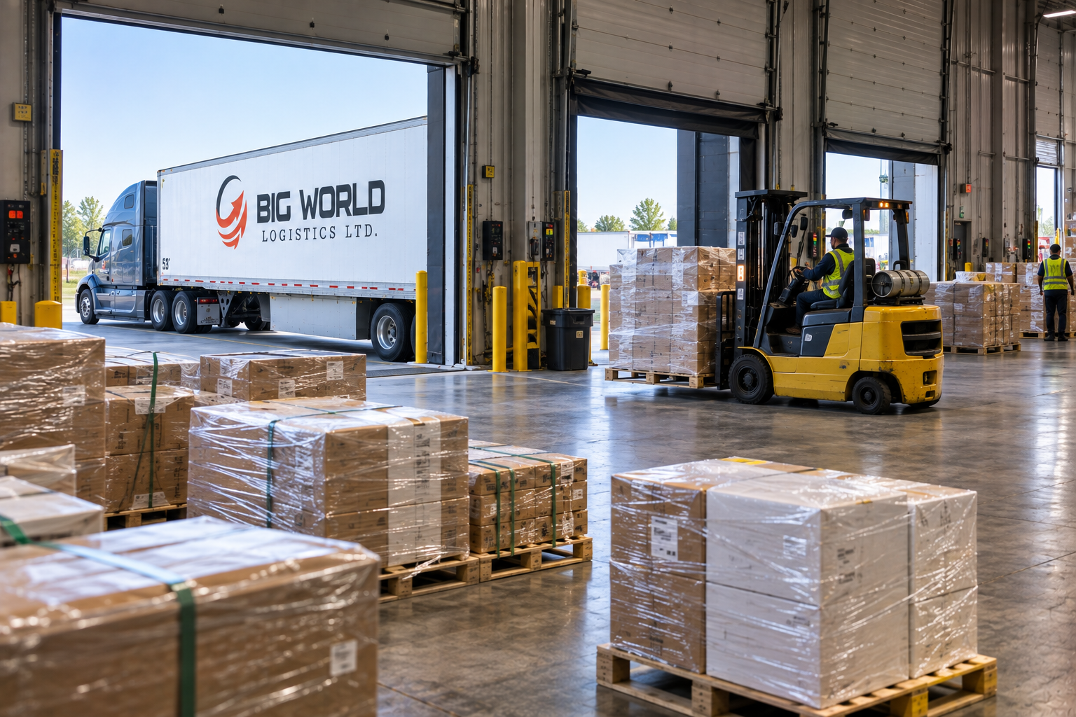 Exterior of a Big World Logistics distribution warehouse with loading docks